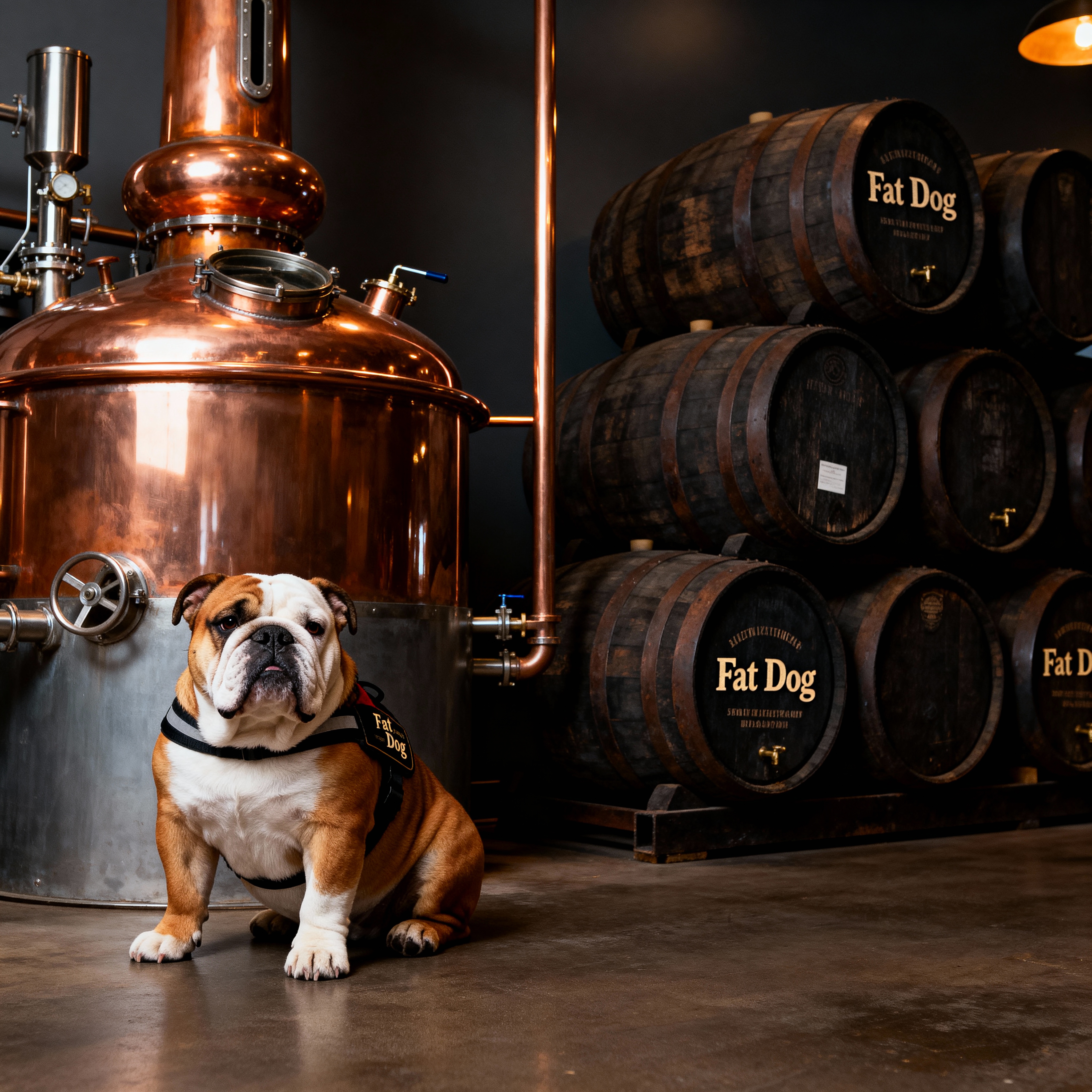 Fat Dog distillery with copper still, barrels, and bulldog